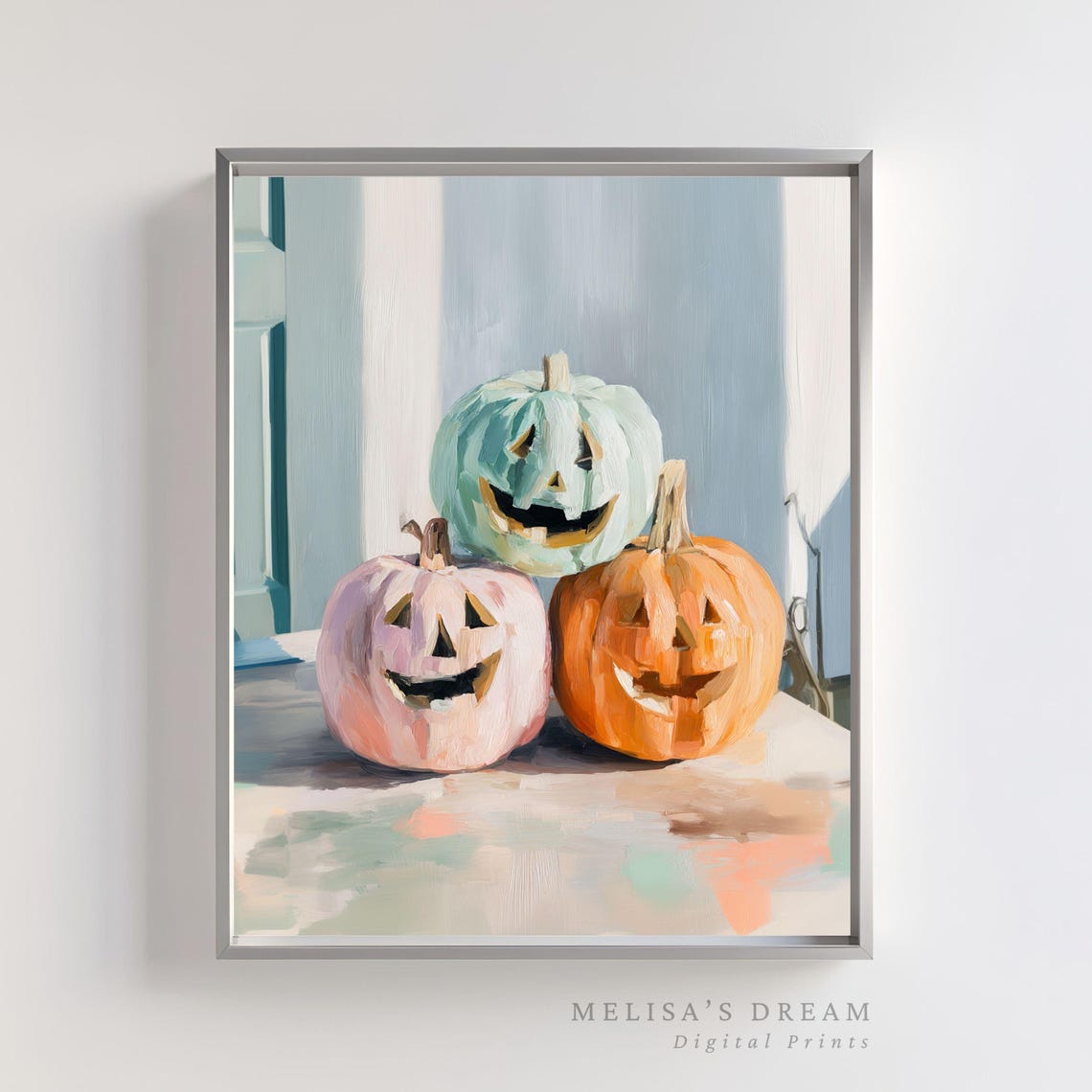 Pastel Jack O Lantern Trio Mint Pink Orange Halloween Painting Print