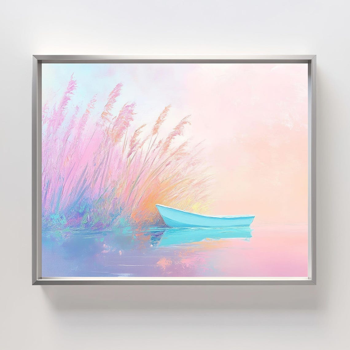 Pastel Pink Reeds And Blue Rowboat On Tranquil Lake At Dawn Poster