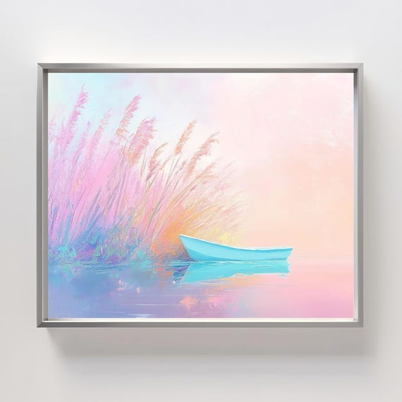 Pastel Boat Art Print Tranquil Lake Scene