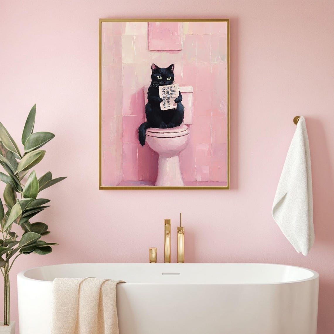 Funny Black Cat Bathroom Art Print, Quirky Pink Decor - Image 3