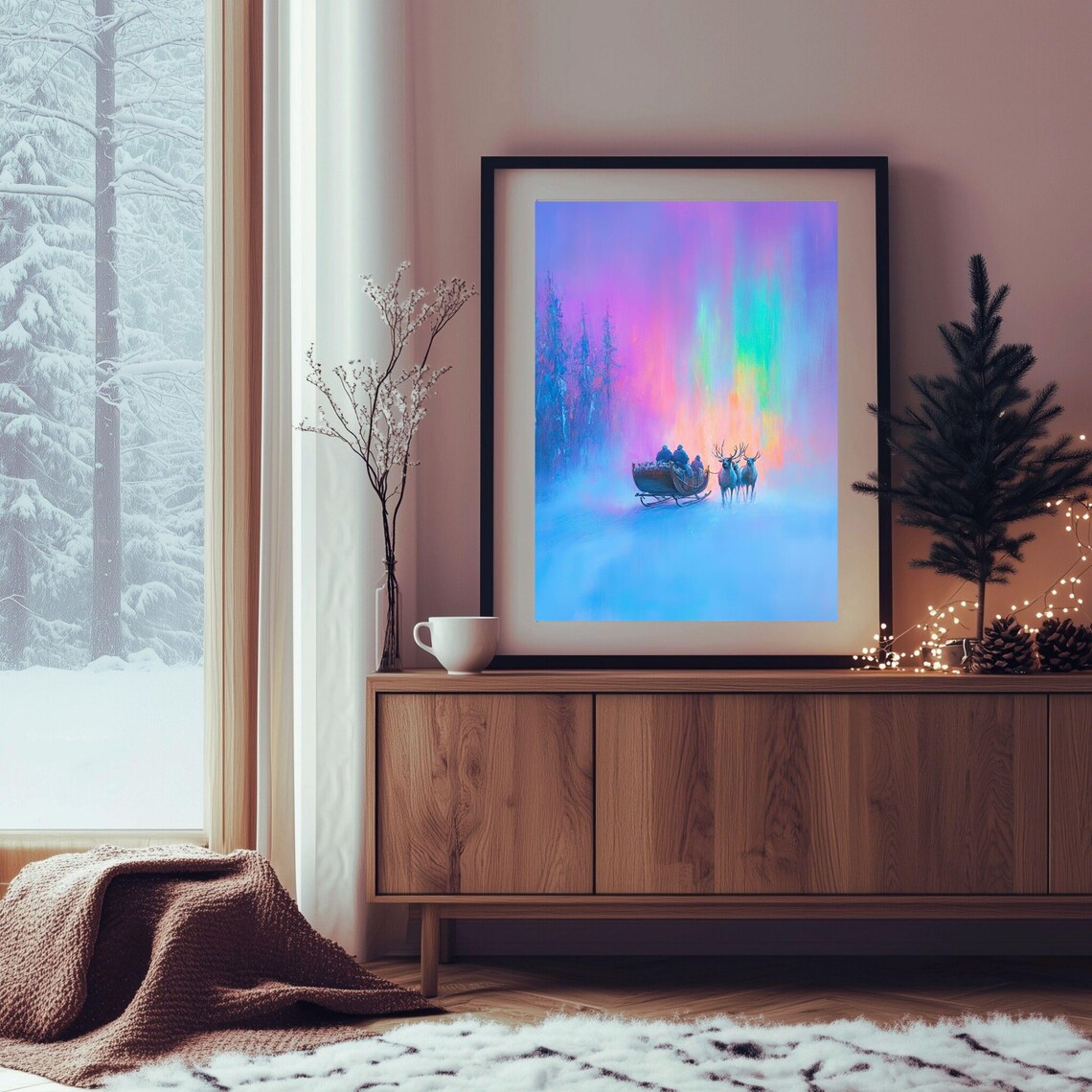 Christmas Sleigh Ride Reindeer Aurora Borealis Print - Image 3