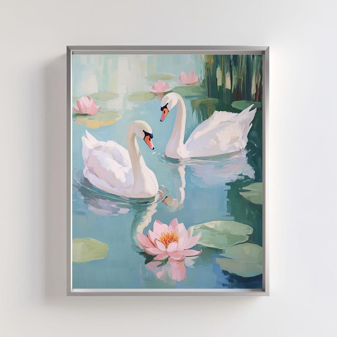 Two White Swans On A Lily Pond Pastel Romantic Wildlife Art Poster