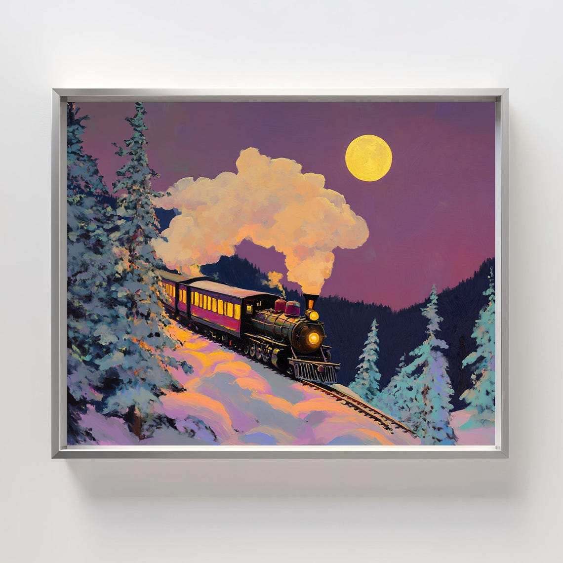 Christmas Steam Train Under Full Moon Purple Night Winter Poster