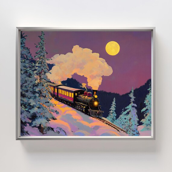 Christmas Steam Train Under Full Moon Purple Night Winter Poster
