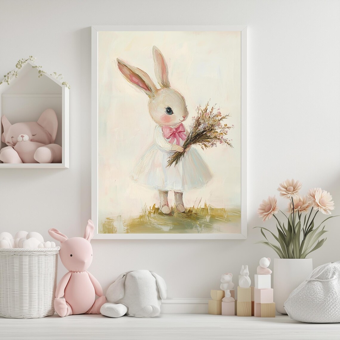 Sweet Bunny Girl in White Dress Holding Flower Bouquet Nursery Poster - Image 3