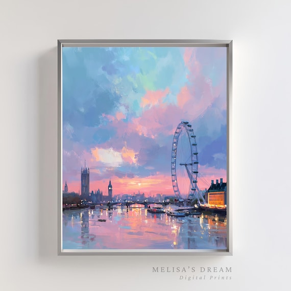 London Eye Sunset Over Thames Pastel Impressionist Cityscape Art Poster