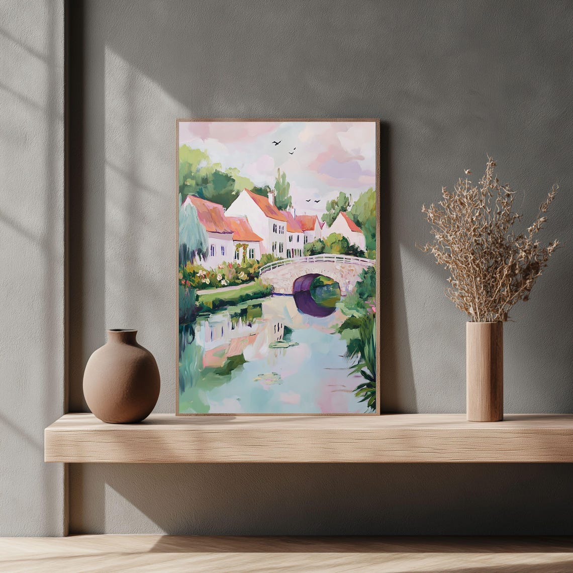 French Countryside Village Stone Bridge Over River Art Poster - Image 2