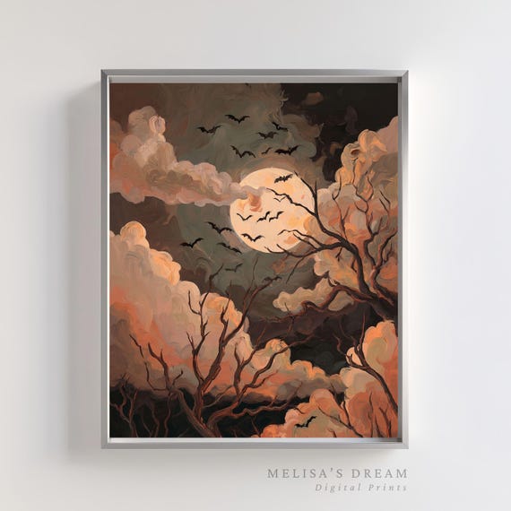 Halloween Wall Art Spooky Full Moon With Flying Bats Gothic Haunted Trees Dark Fantasy Decor