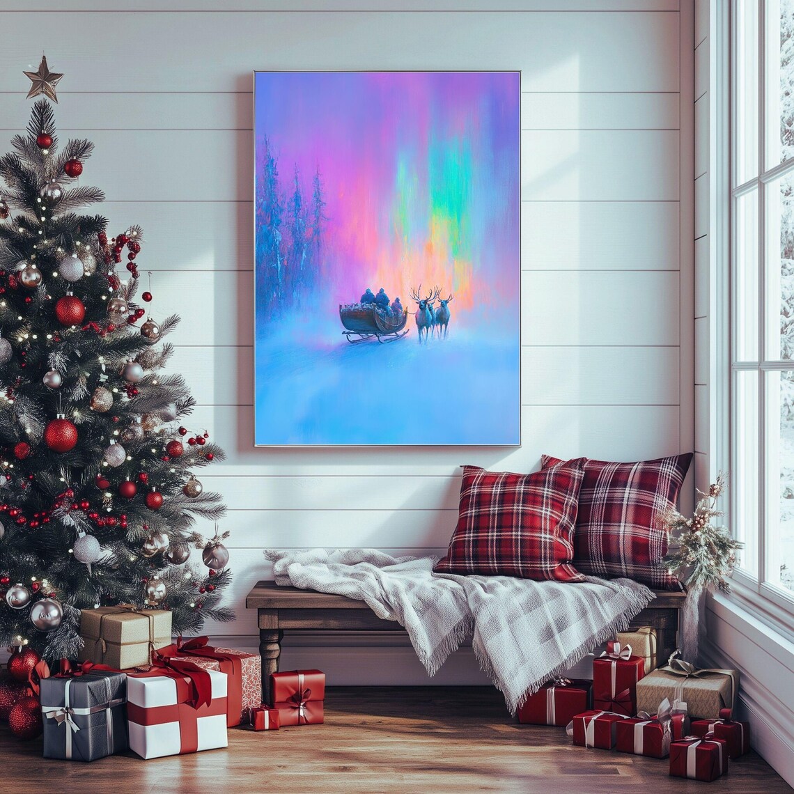 Christmas Sleigh Ride Reindeer Aurora Borealis Print - Image 4