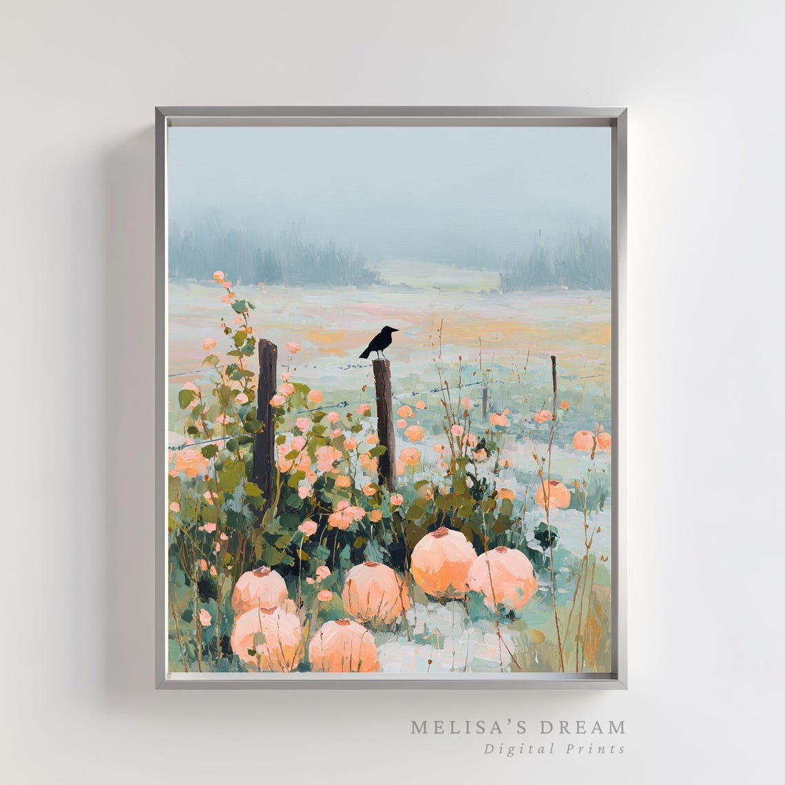 Pastel Autumn Countryside Pumpkins Crow Fence Painting Poster