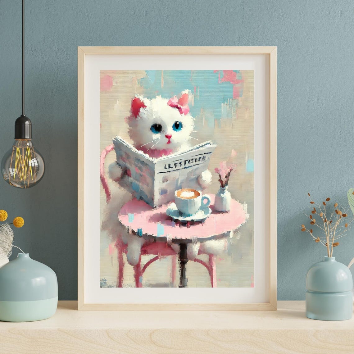White Kitten With Bow Reading Newspaper Pink Cafe Animal Poster - Image 2