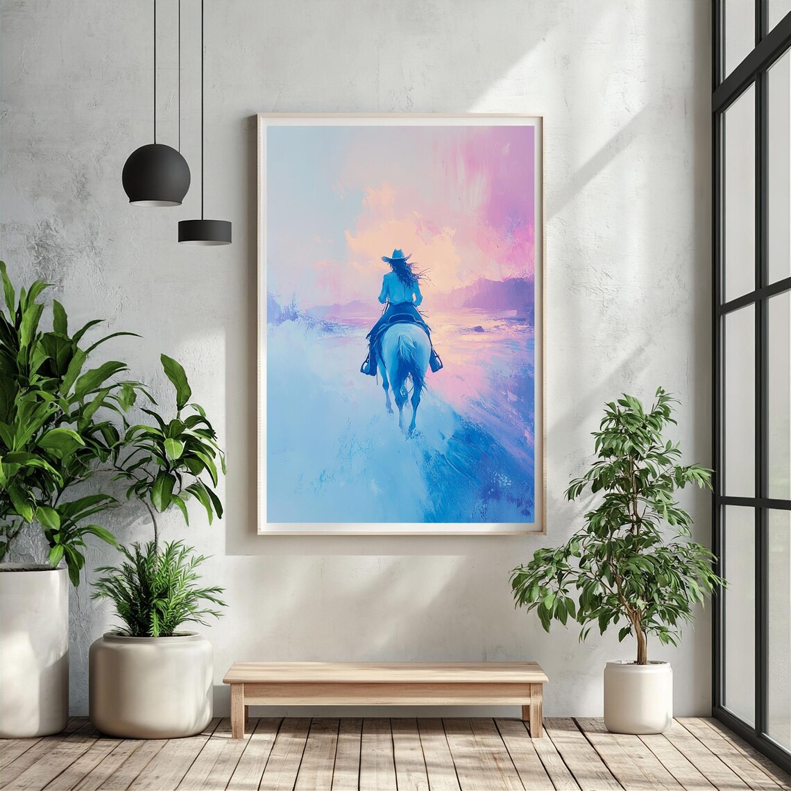 Cowgirl On Horse Art Print, Western Sunset - Image 3