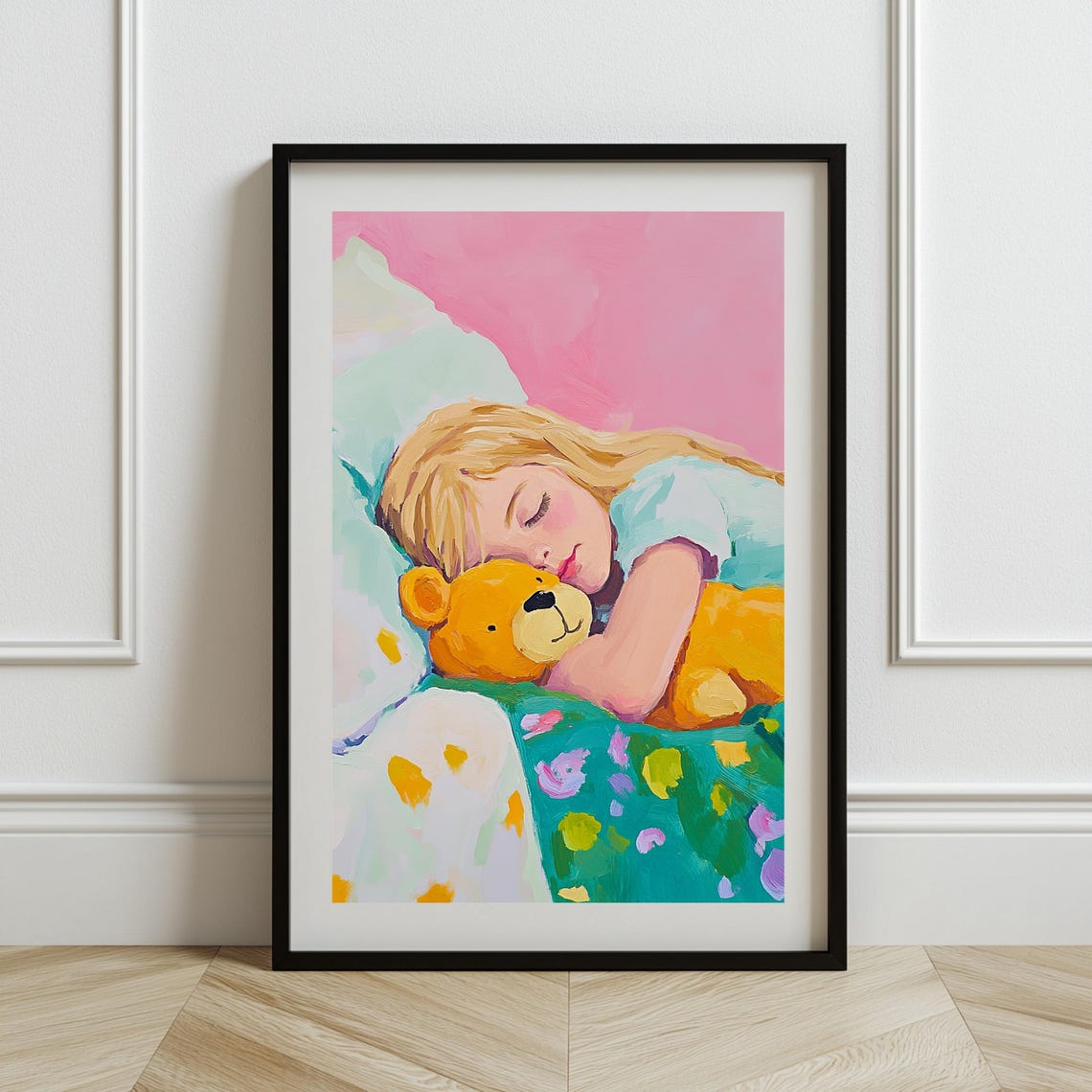 Sleeping Girl Hugging Teddy Bear Sweet Dreams Nursery Art Poster - Image 2