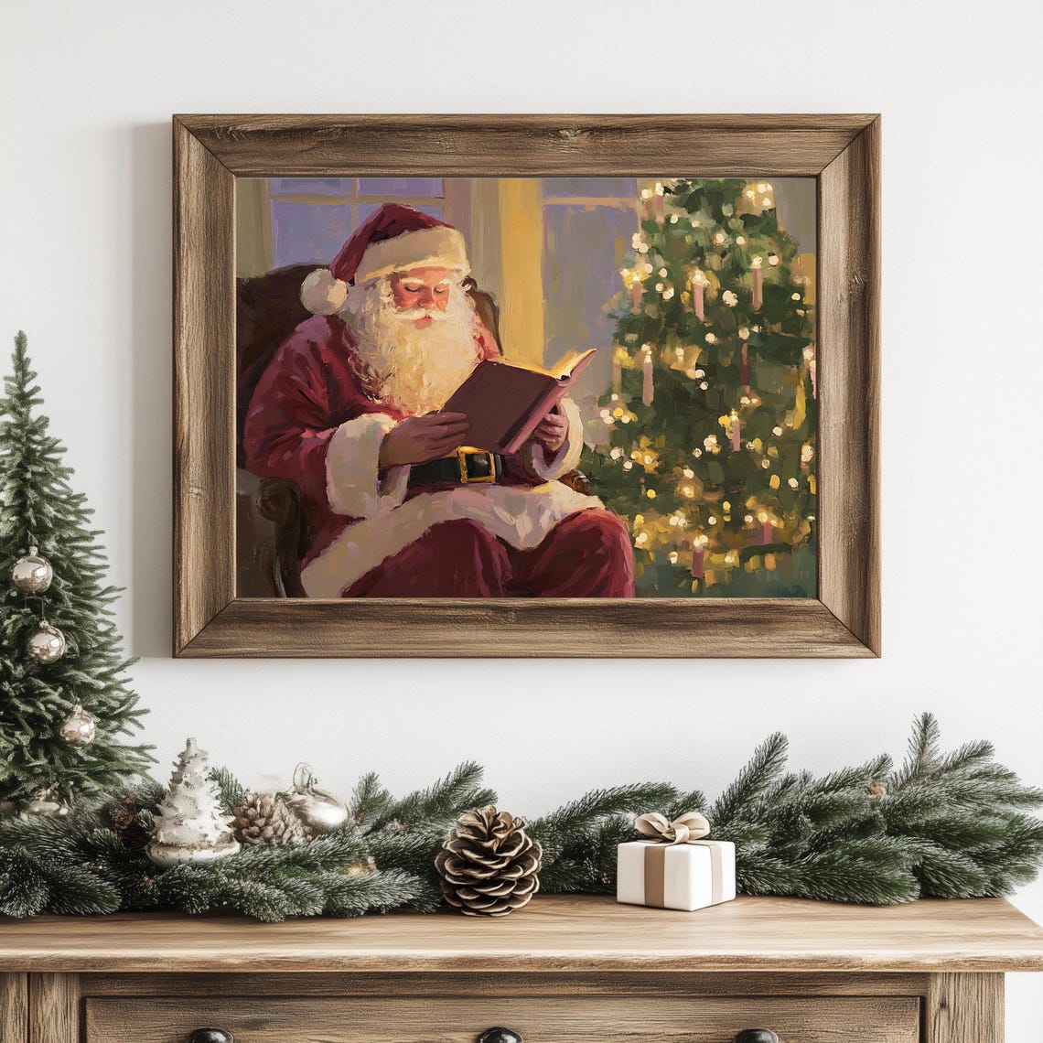 Classic Santa Claus Reading By Glowing Christmas Tree Art Poster - Image 3