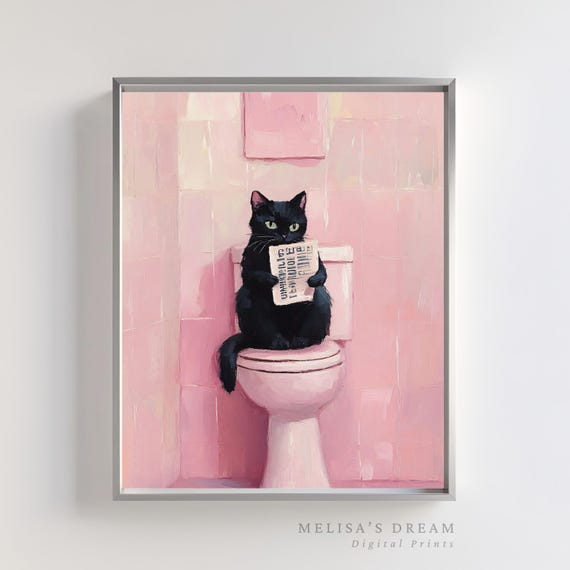 Funny Black Cat Bathroom Art Print, Quirky Pink Decor