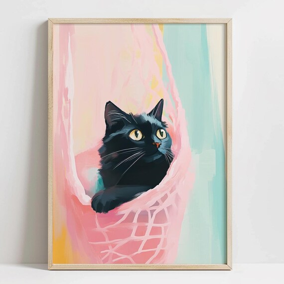 Black Kitten In Pink Hammock Colorful Whimsical Cat Art Poster