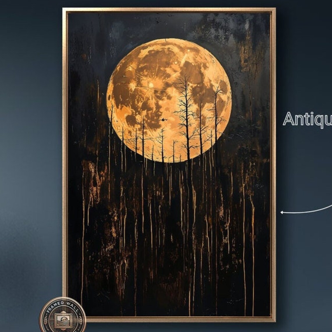 Golden Full Moon Dark Bare Forest Eerie Night Landscape Art Poster