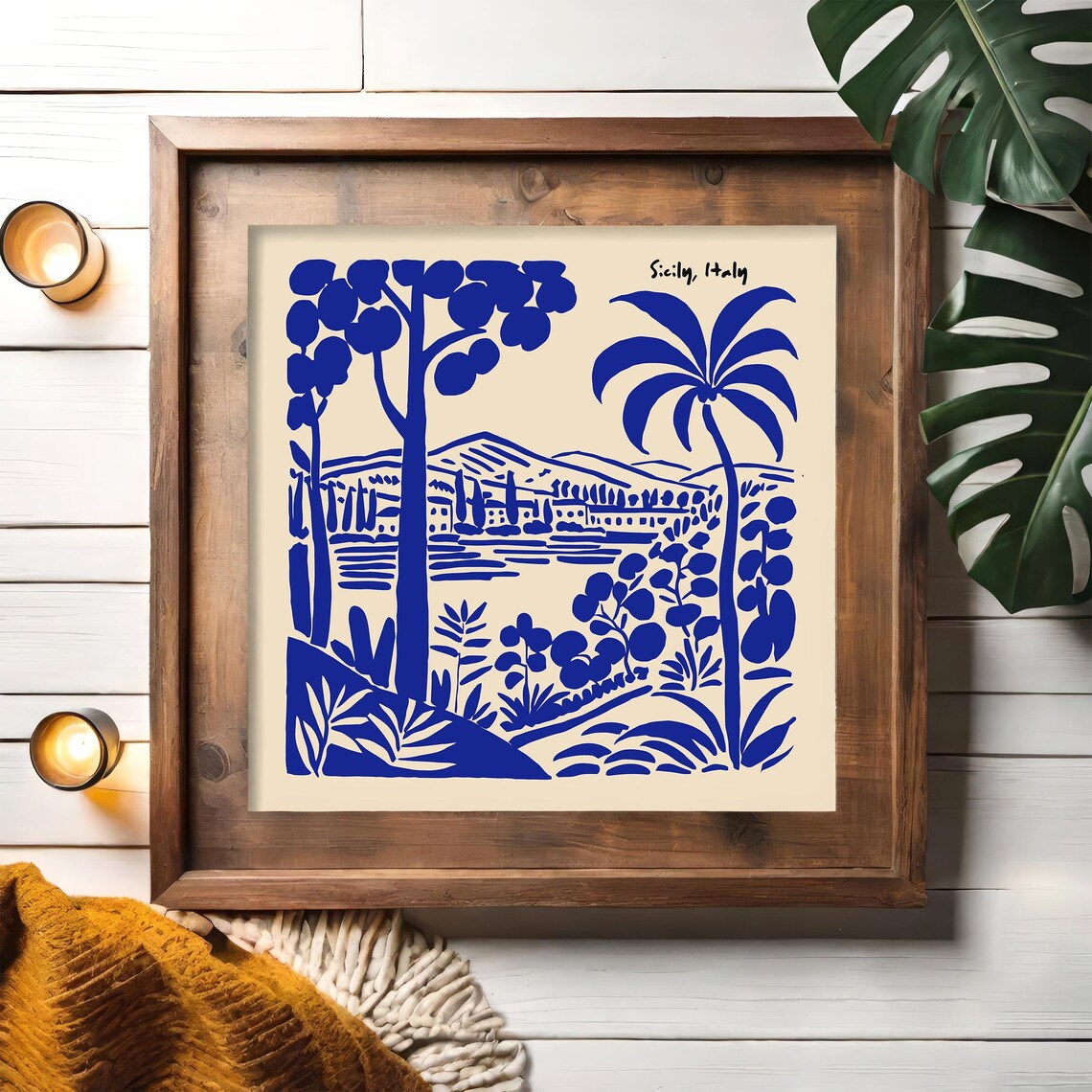 Sicily Italy Blue Ink Palm Landscape Linocut Travel Wall Poster - Image 2