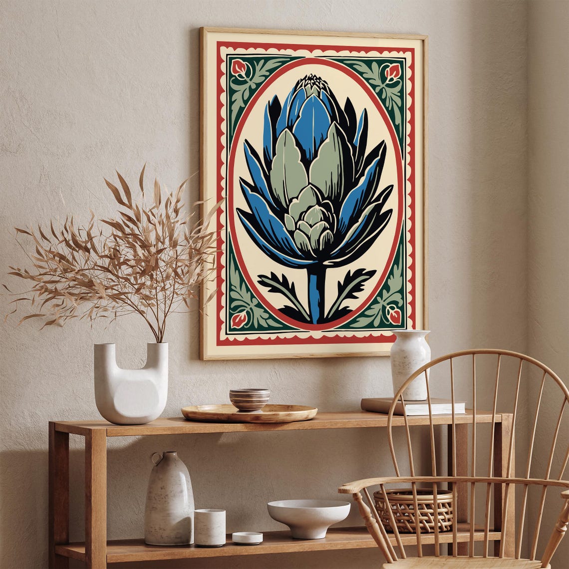 Blue Artichoke Oval Frame Red Green Folk Border Kitchen Poster - Image 3