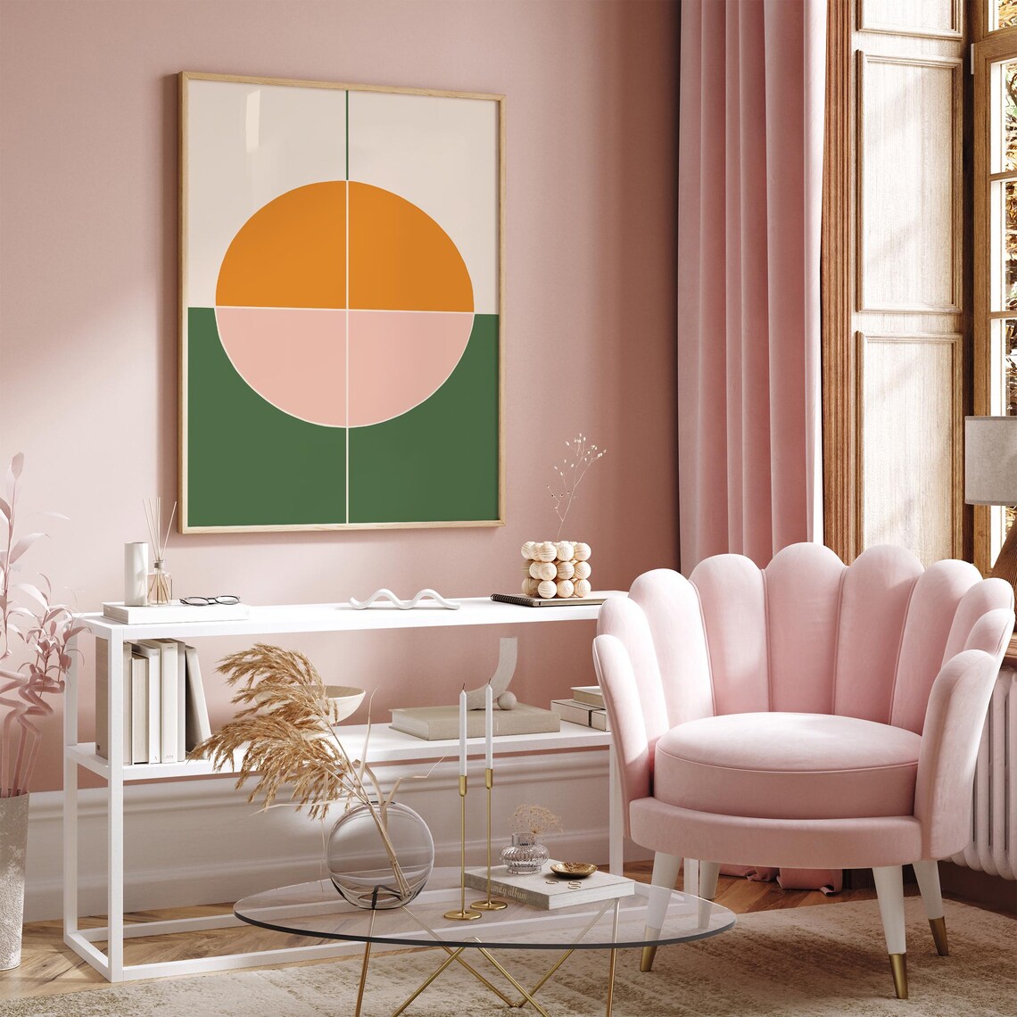 Mid Century Modern Orange Pink Green Circle Abstract Art Poster - Image 2