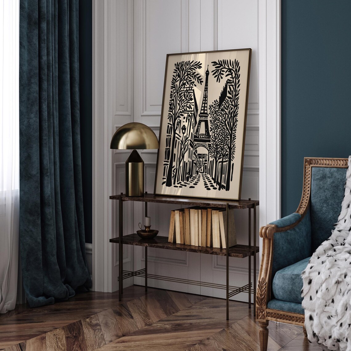 Eiffel Tower Paris Street Black Ink Cityscape Travel Art Poster - Image 4