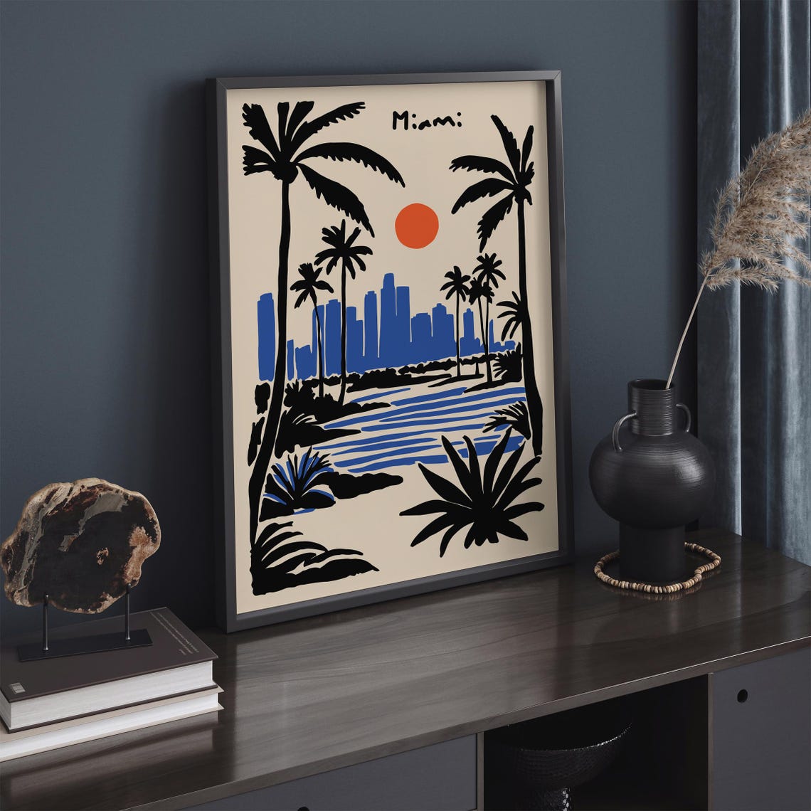 Miami Skyline Sunset Palm Trees Blue Black Tropical Travel Poster - Image 2