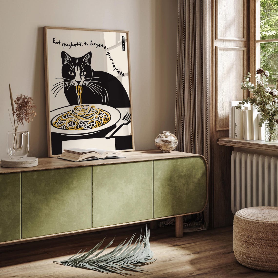 Black Cat Spaghetti Poster Dolce Vita Eat Spaghetti To Forget Regretti - Image 4