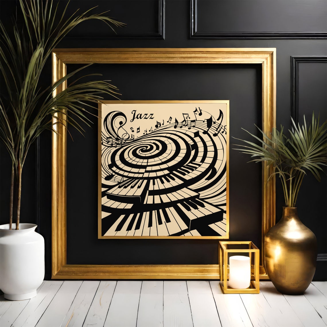 Retro Jazz Piano Keys Swirling Musical Notes Square Wall Art - Image 4