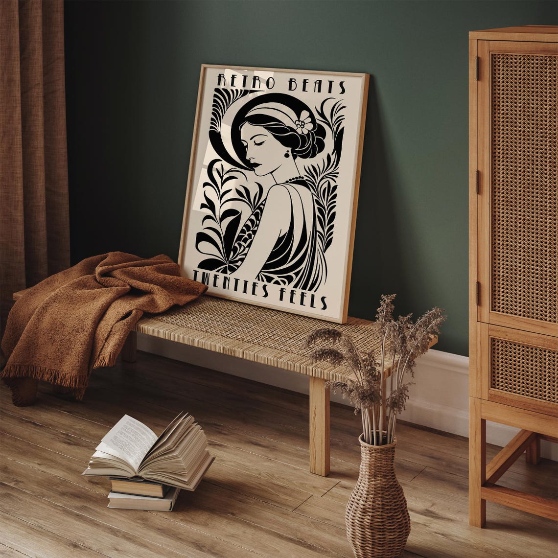 Retro Beats Twenties Flapper Woman Crescent Moon Beige Poster - Image 5