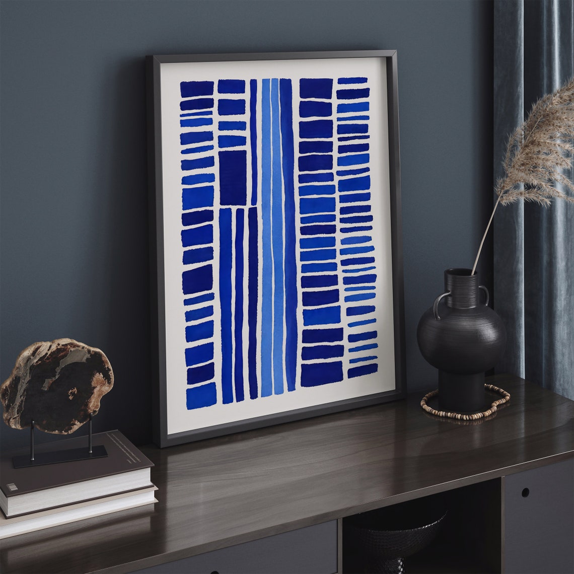 Abstract Indigo Blue Stripes and Blocks Modern Interior Poster - Image 3