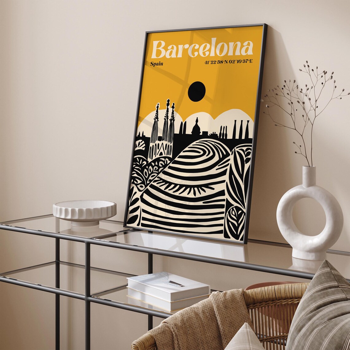 Barcelona Mustard Yellow Sagrada Familia Sun Travel Skyline Poster - Image 4