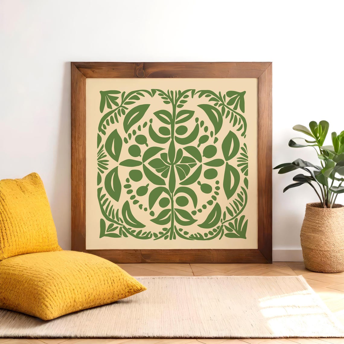 Green Cutout Botanical Symmetrical Square Folk Art Linocut Print - Image 2
