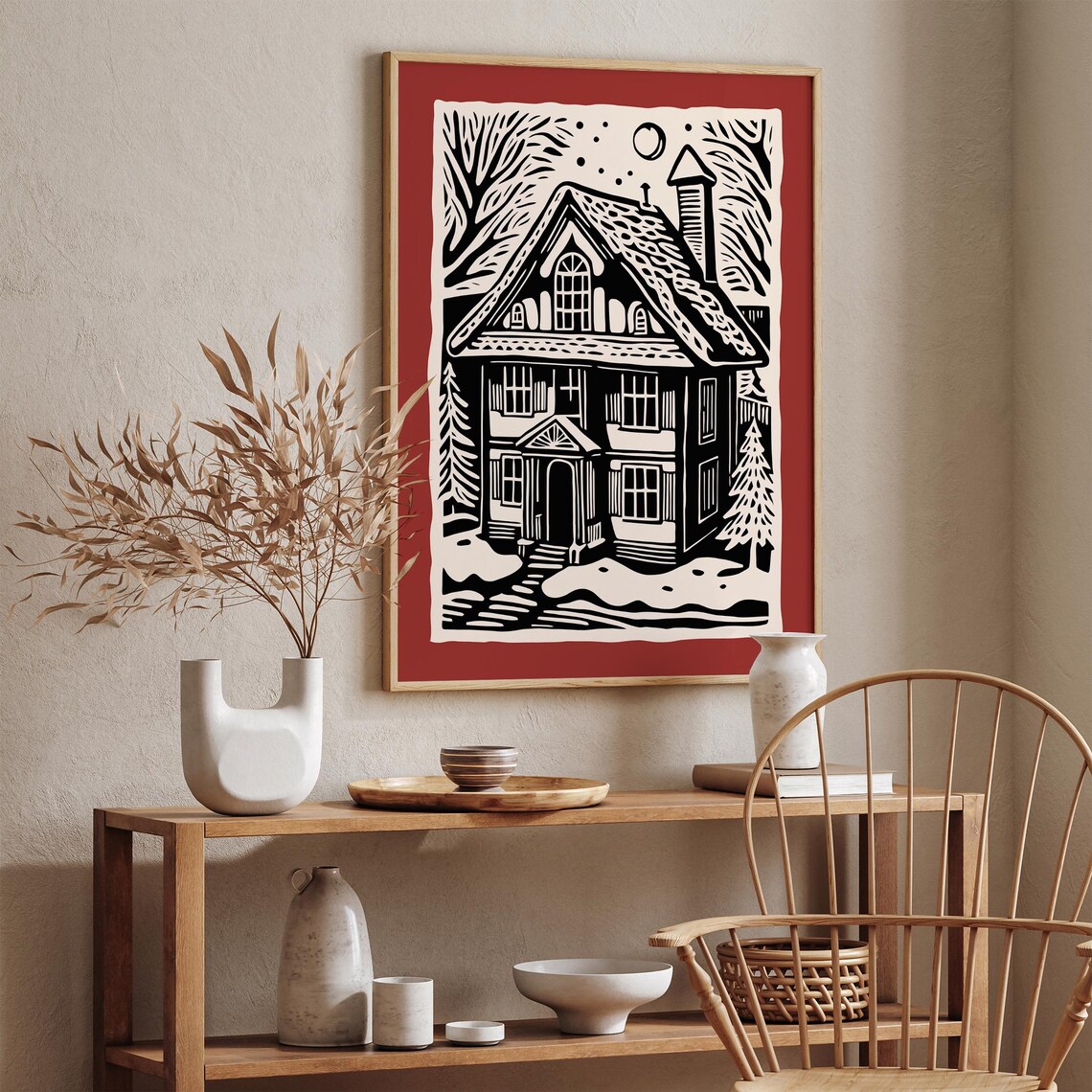 Snowy Winter House Linocut Cozy Cottage Woodcut Holiday Style Poster - Image 2