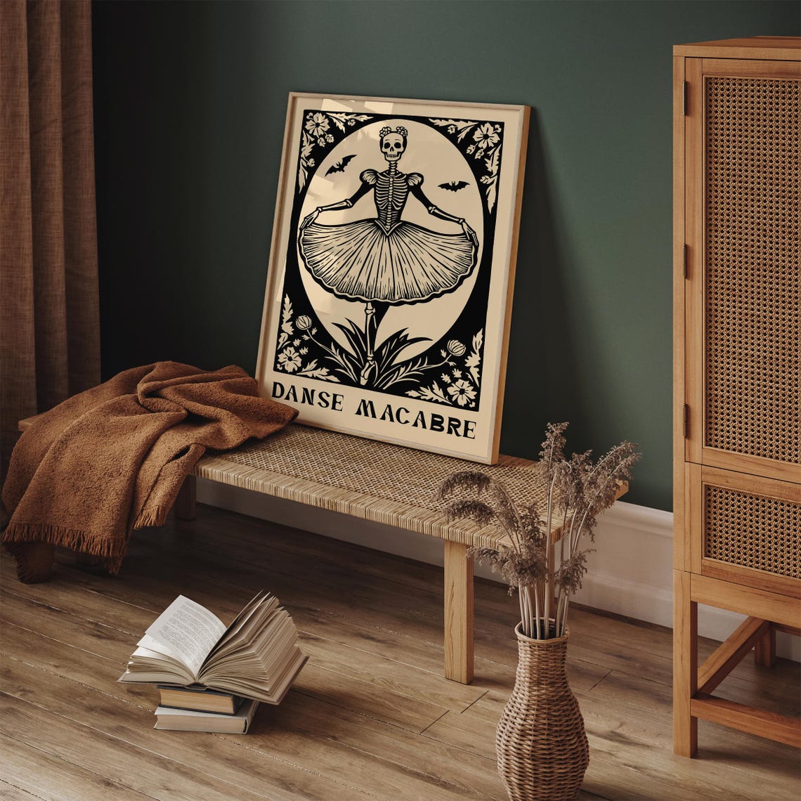 Danse Macabre Black Cream Skeleton Ballerina Woodcut Art Poster - Image 5