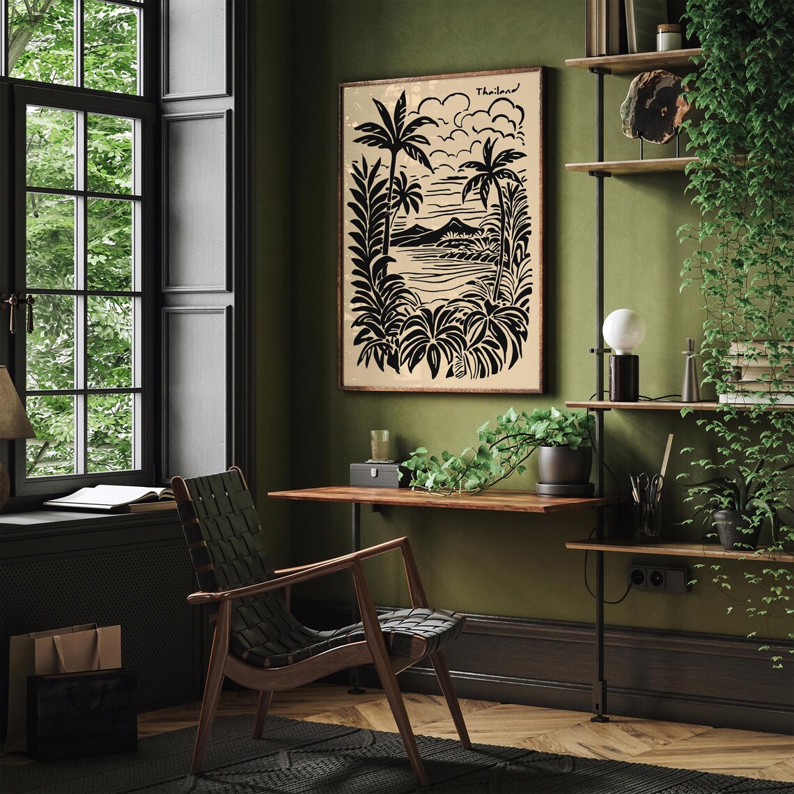 Thailand Black Linocut Palms Island Coast Tropical Travel Poster - Image 4
