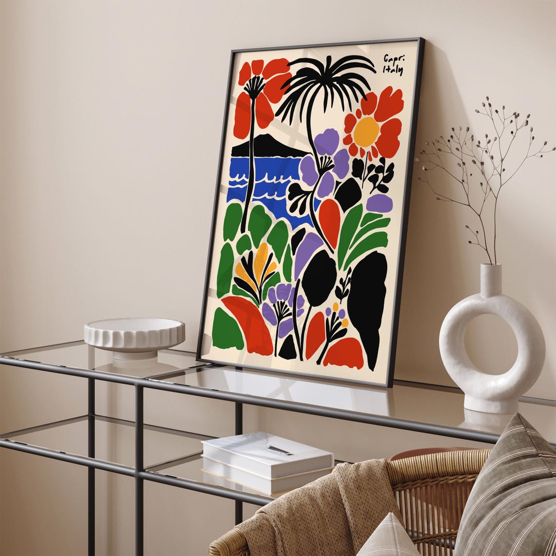 Capri Italy Tropical Palm with Bold Red Flowers Coastal Poster - Image 4
