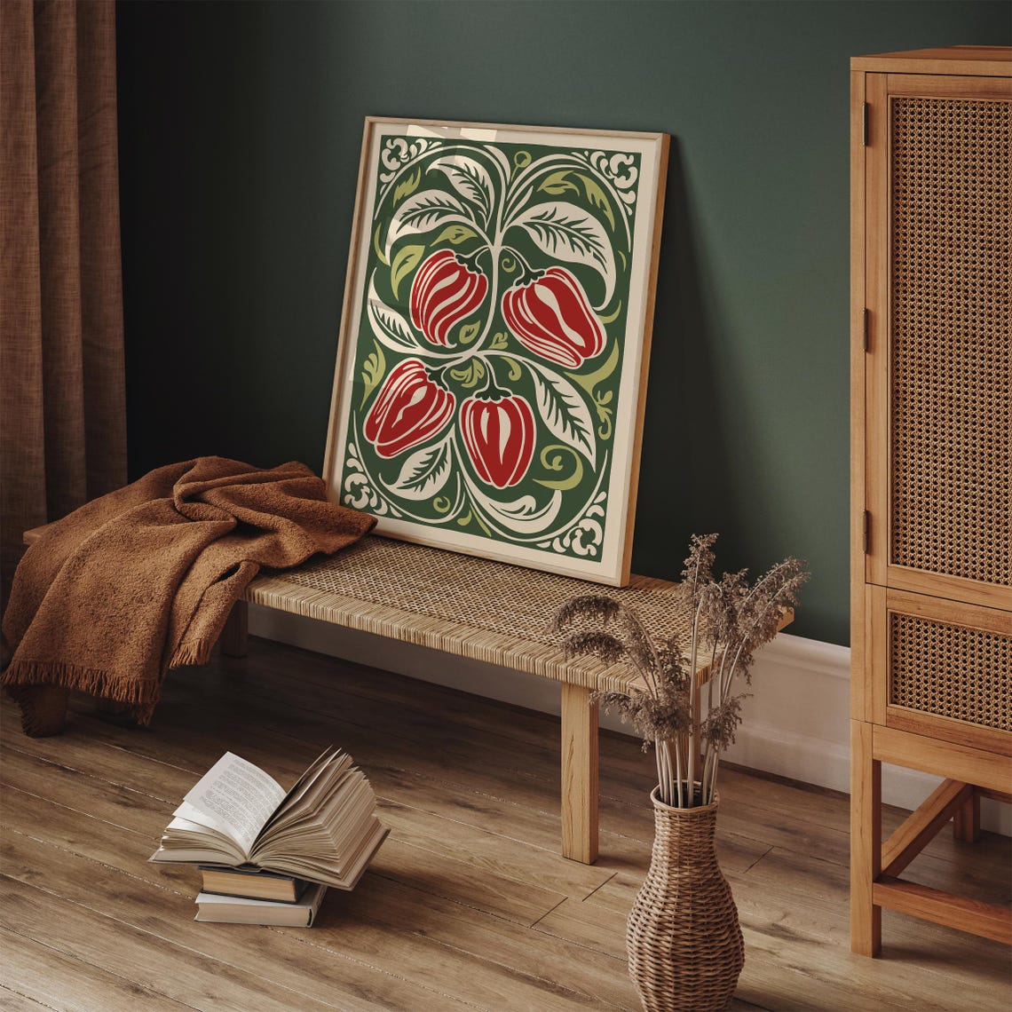 Red Bell Peppers Rococo Green Kitchen Botanical Vintage Art Poster - Image 6