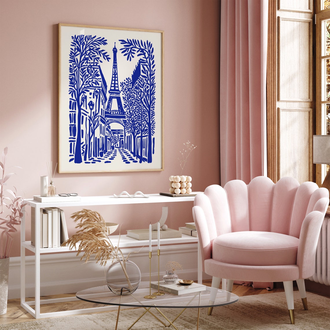 Paris Blue Eiffel Tower Cobblestone Street Linocut Travel Poster - Image 6