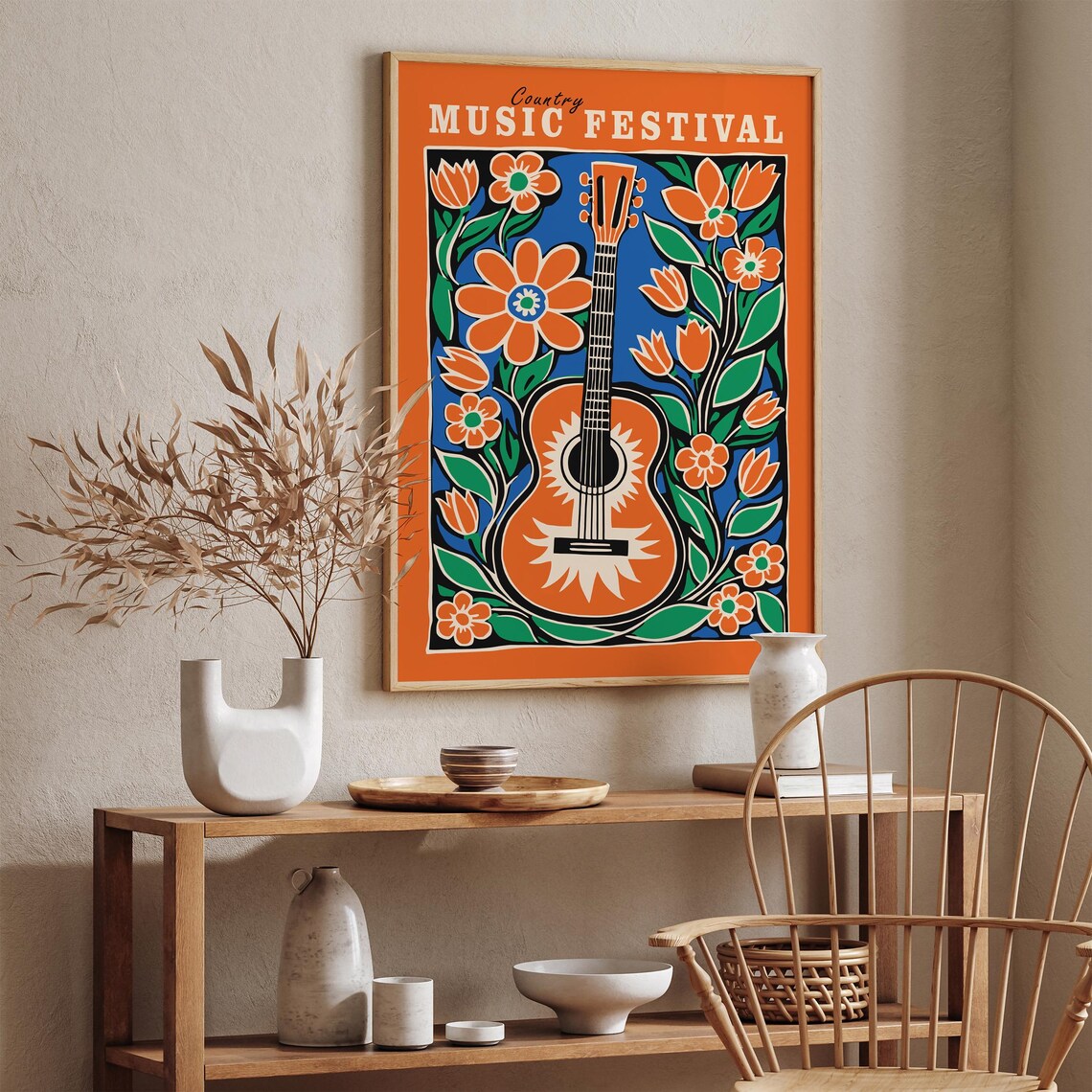 Country Music Festival Orange and Blue Floral Guitar Art Poster - Image 2