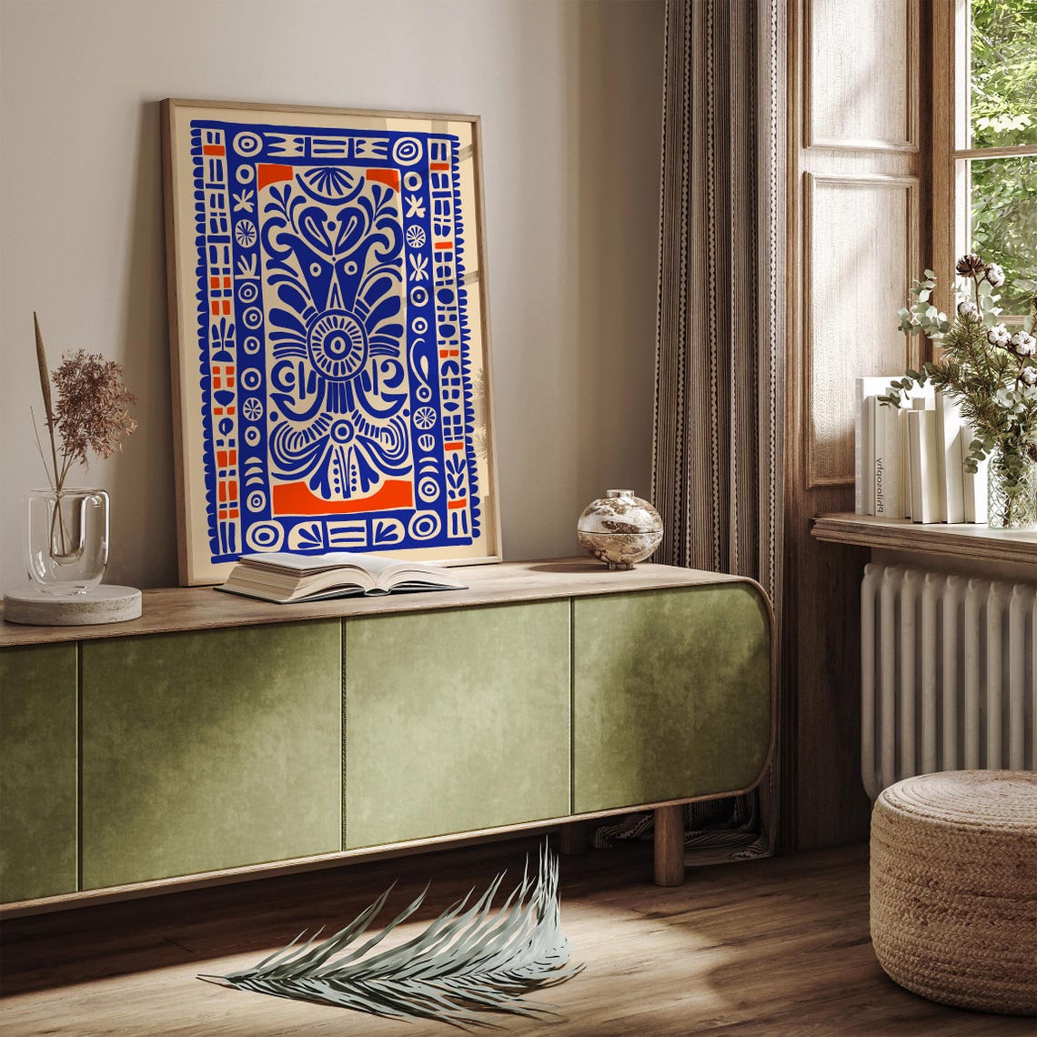 Blue Red Ethnic Tribal Pattern Bold Bohemian Folk Style Art Print - Image 3