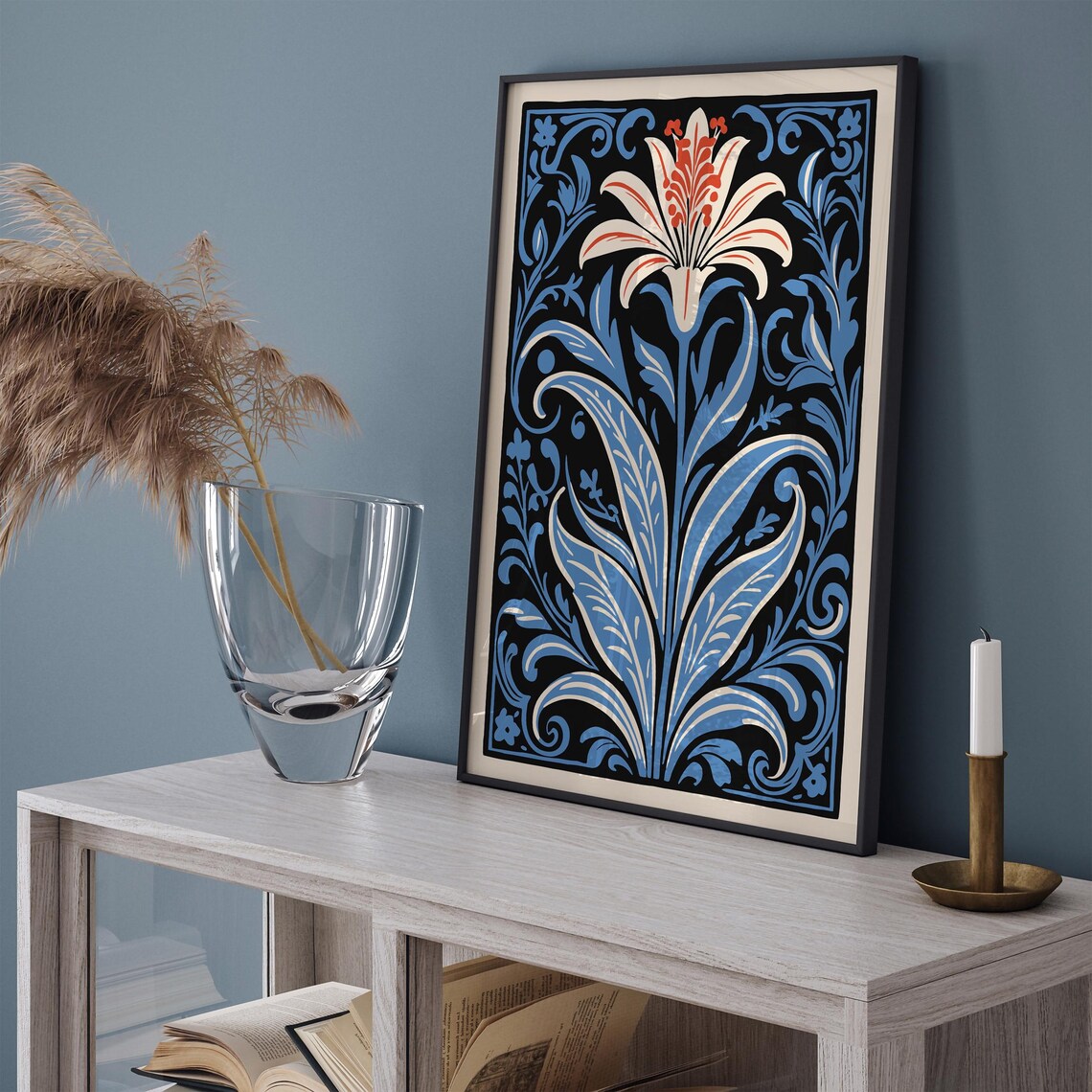 Blue Victorian Lily Black Art Nouveau Dramatic Botanical Art Poster - Image 2