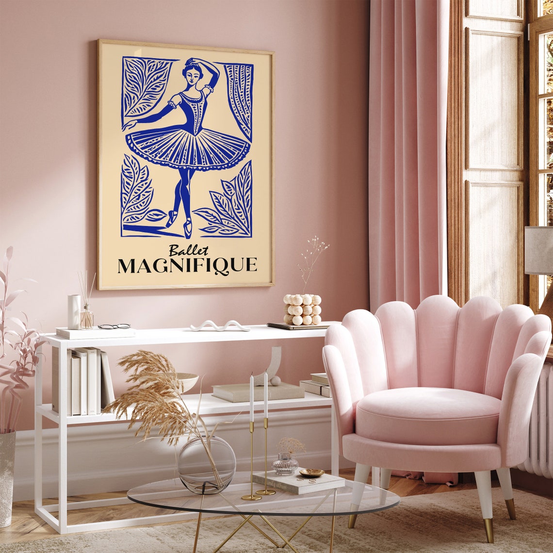 Ballet Magnifique Blue Ballerina Linocut Dance Elegant Poster - Image 3