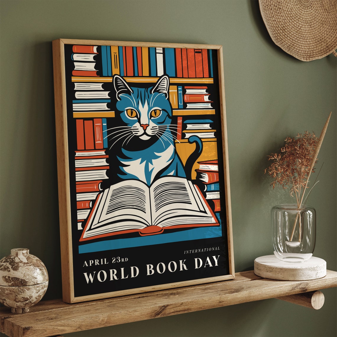 World Book Day Blue Cat Reading Library Bookshelf Art Poster - Image 4