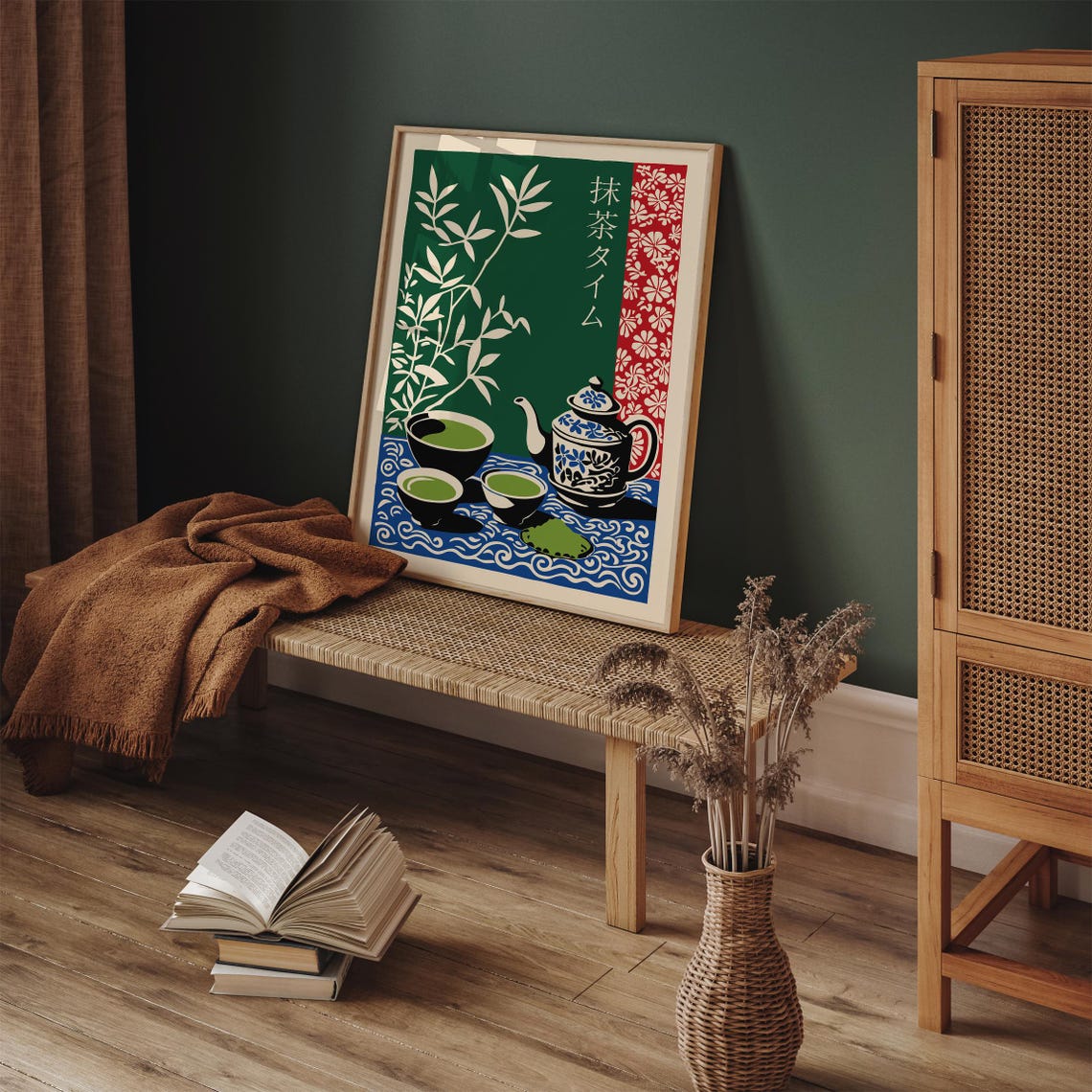 Japanese Matcha Tea Ceremony Teapot and Bowls Bamboo Wall Art - Image 3