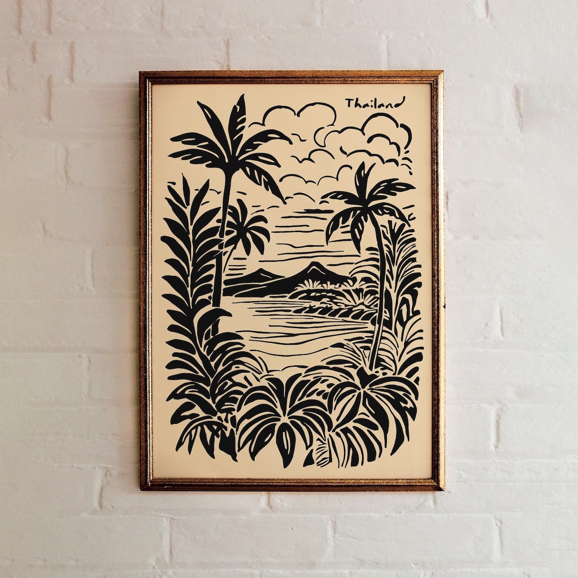 Thailand Black Linocut Palms Island Coast Tropical Travel Poster