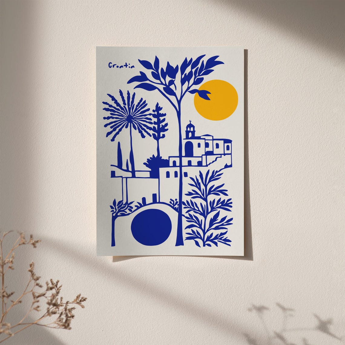 Croatia Coastal Village Blue Yellow Modern Mediterranean Poster - Image 2
