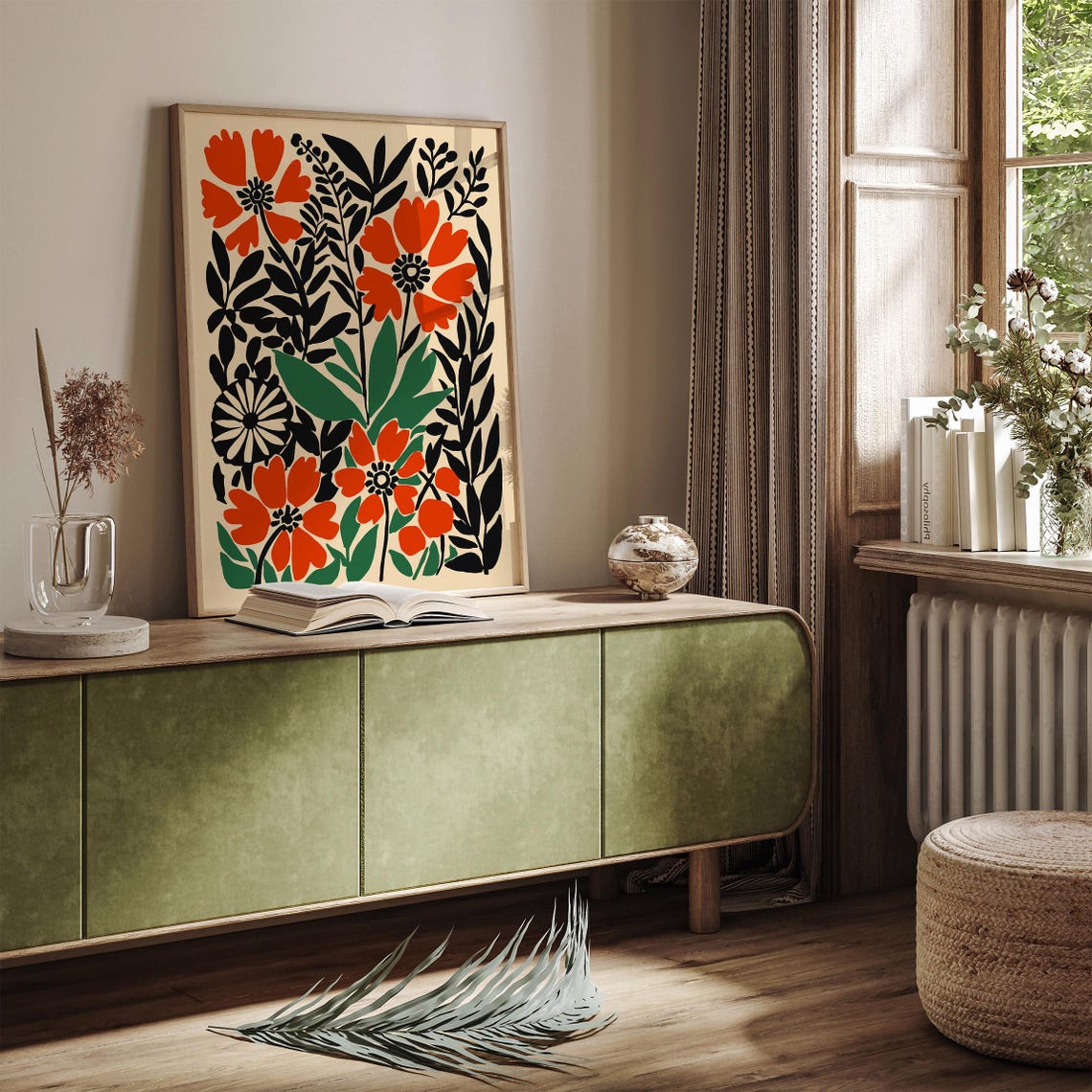 Retro Orange Poppy Floral Design with Bold Black Leaves Poster - Image 5