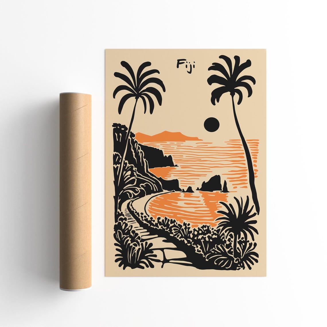 Fiji Tropical Sunset Beach Poster With Black Palm Silhouettes