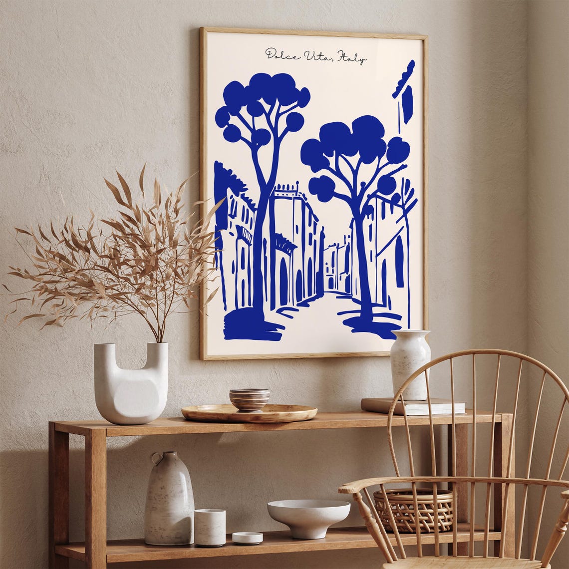 Dolce Vita Italy Blue Ink Street With Umbrella Pine Trees Poster - Image 2