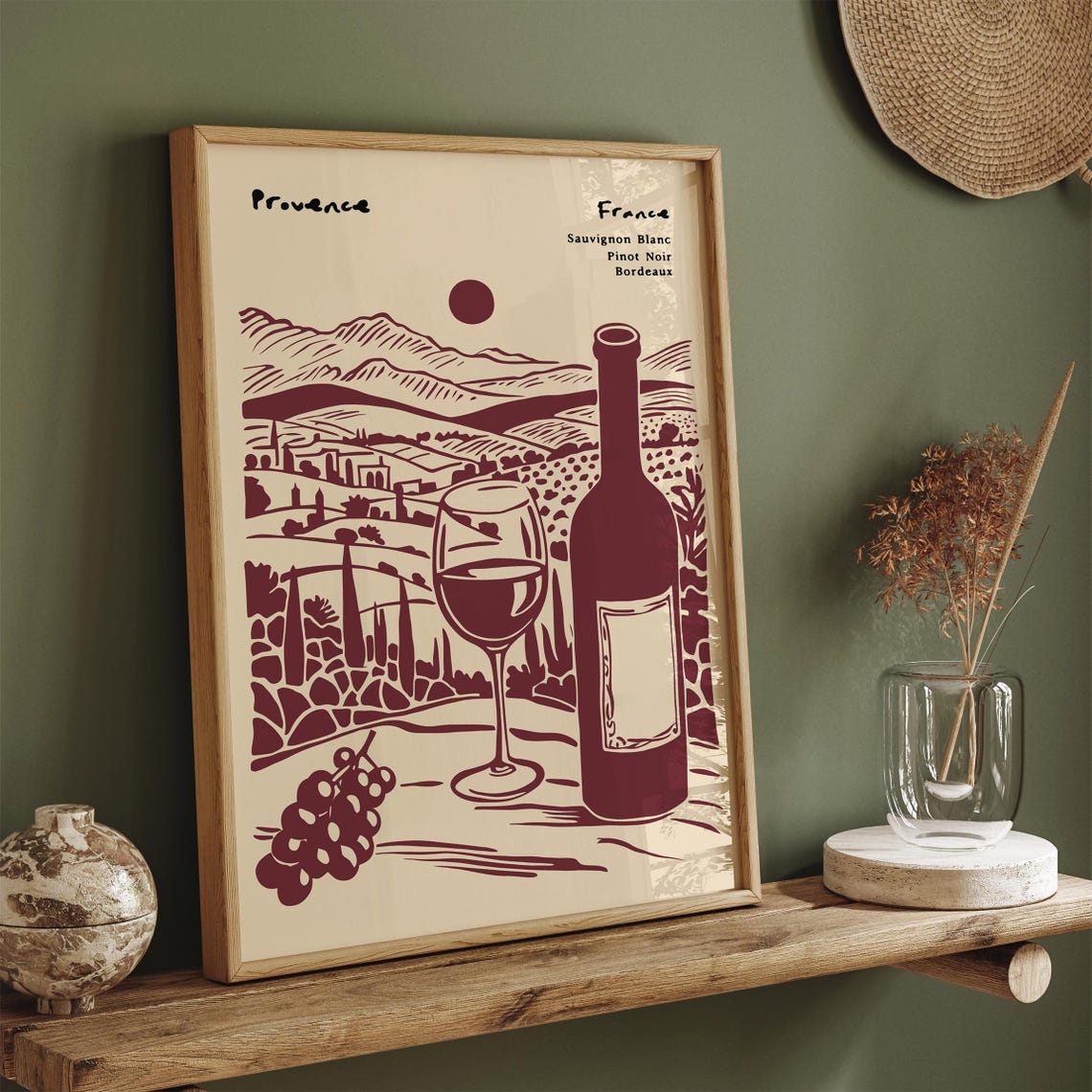 Provence France Wine Burgundy Ink Vineyard Bottle Glass Poster - Image 3